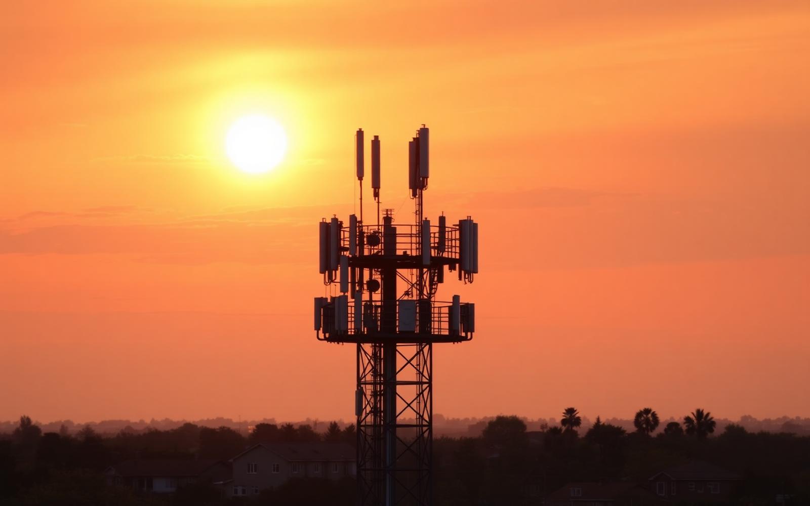 Telecom tower silhouetted against an orange sunset above a residential neighborhood