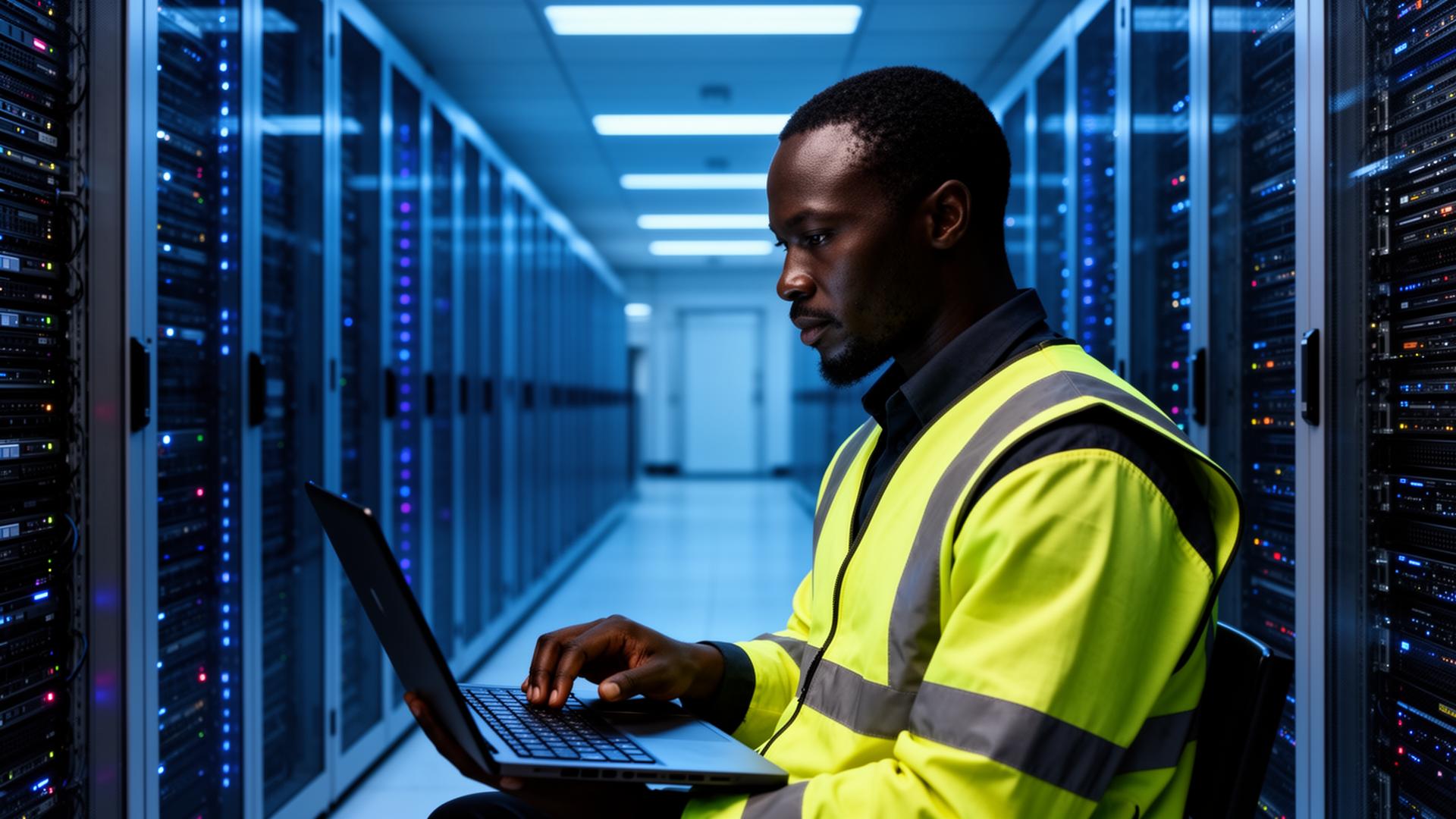 African data center engineer working in a modern server hall