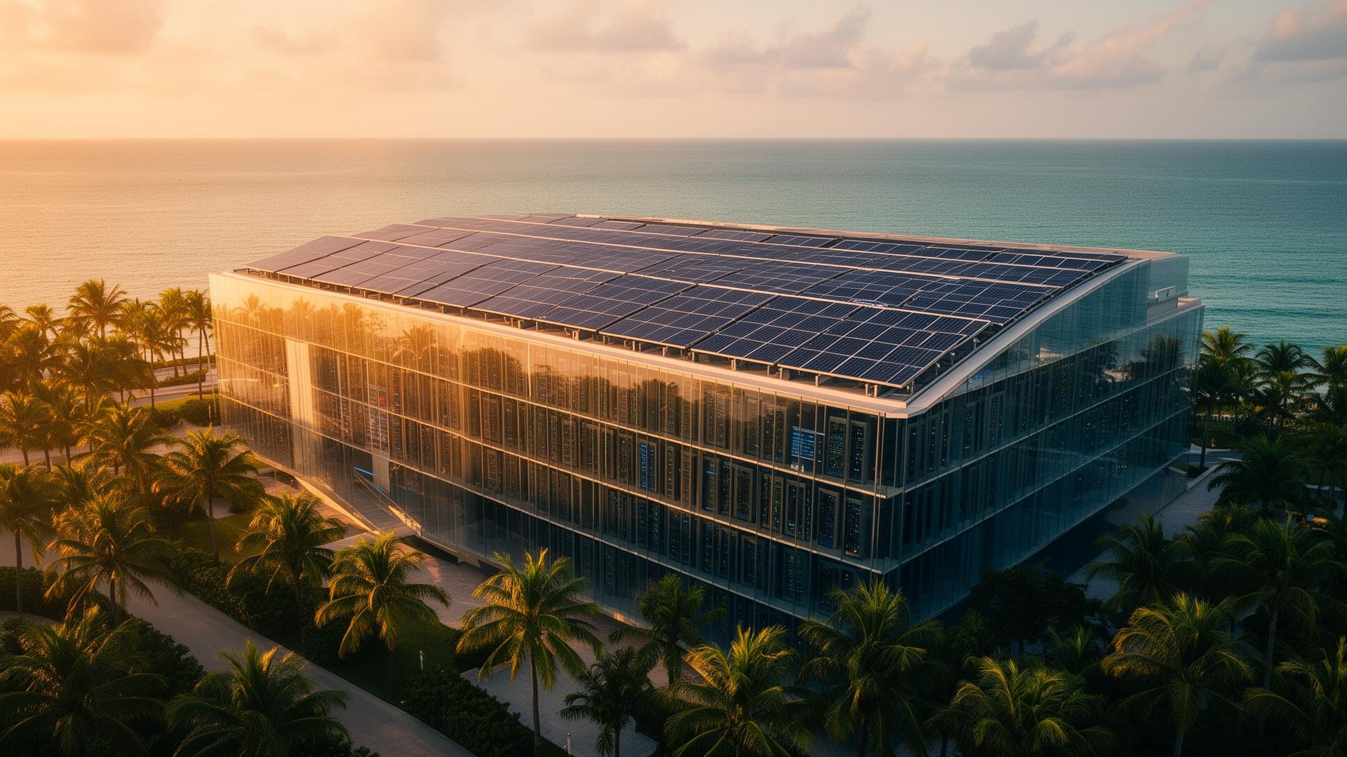 Glass data center with rooftop solar panels overlooking the Miami coastline at sunrise