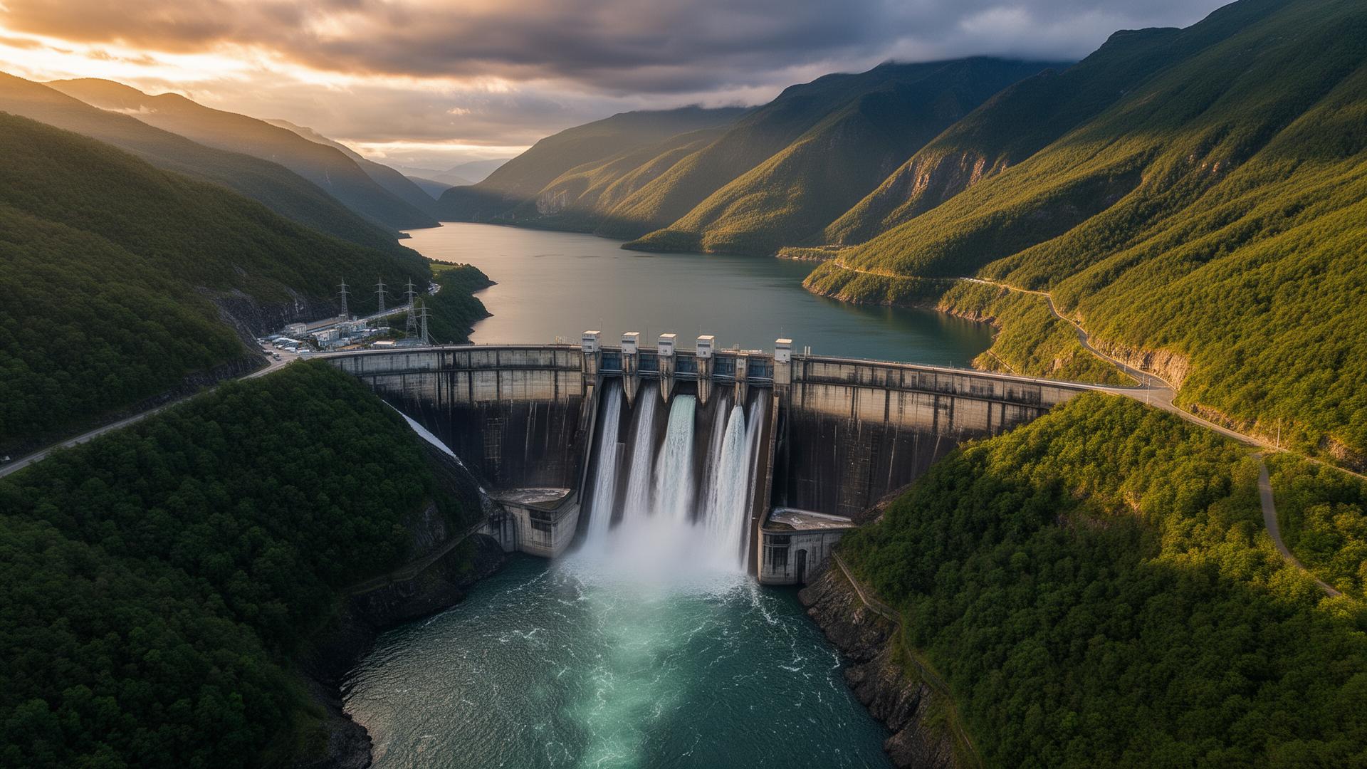 Hydroelectric dam generating clean power at golden hour